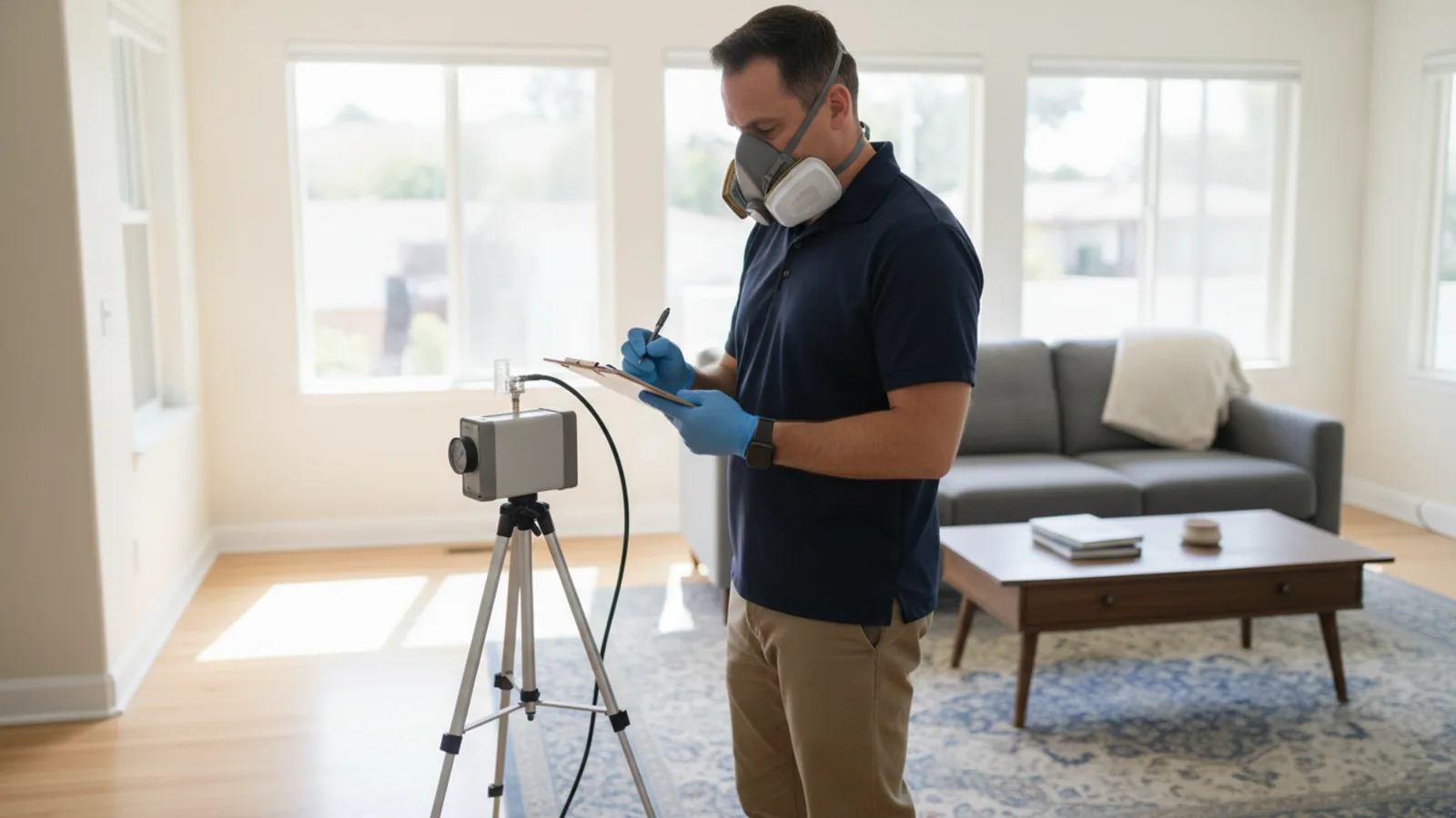 Mold testing technician in PPE drawing an air sample with a spore-trap pump in a bright Los Angeles home